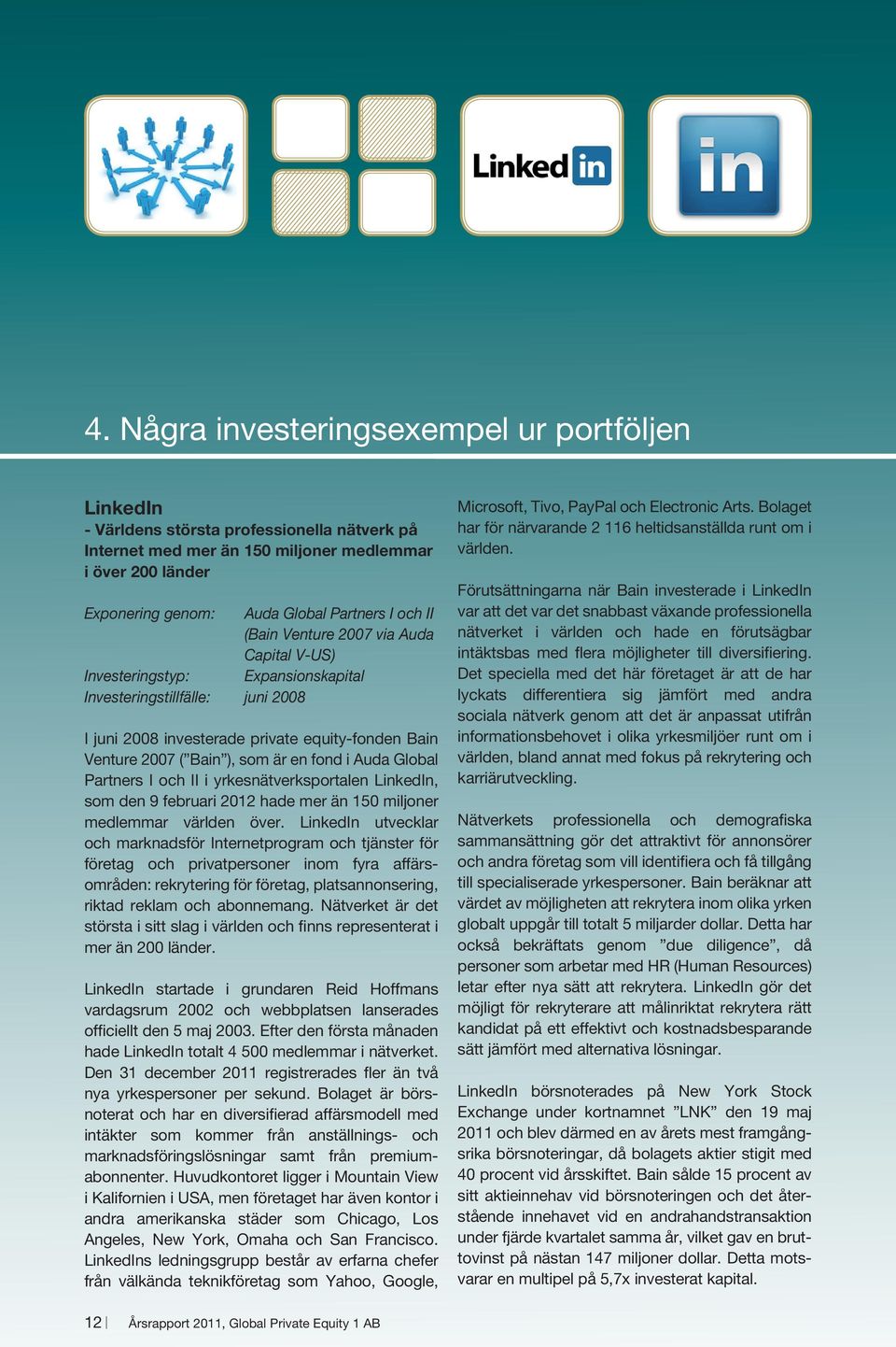 en fond i Auda Global Partners I och II i yrkesnätverksportalen LinkedIn, som den 9 februari 2012 hade mer än 150 miljoner medlemmar världen över.