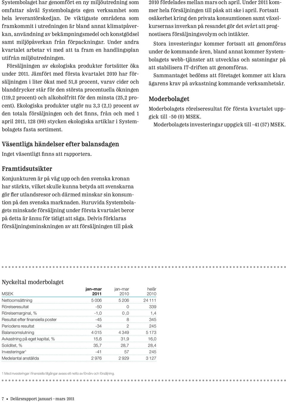 Under andra kvartalet arbetar vi med att ta fram en handlingsplan utifrån miljöutredningen. Försäljningen av ekologiska produkter fortsätter öka under 2011.