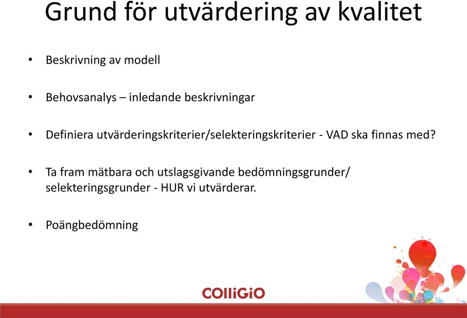 utvärderingskriterier/selekteringskriterier - VAD ska finnas med?