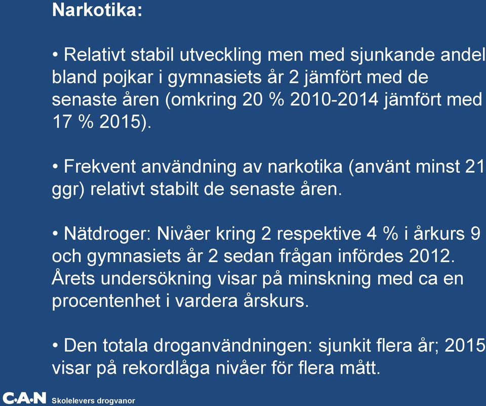 Nätdroger: Nivåer kring 2 respektive 4 % i årkurs 9 och gymnasiets år 2 sedan frågan infördes 2012.