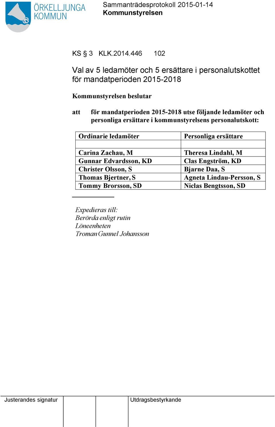 utse följande ledamöter och personliga ersättare i kommunstyrelsens personalutskott: Ordinarie ledamöter Carina Zachau, M Gunnar