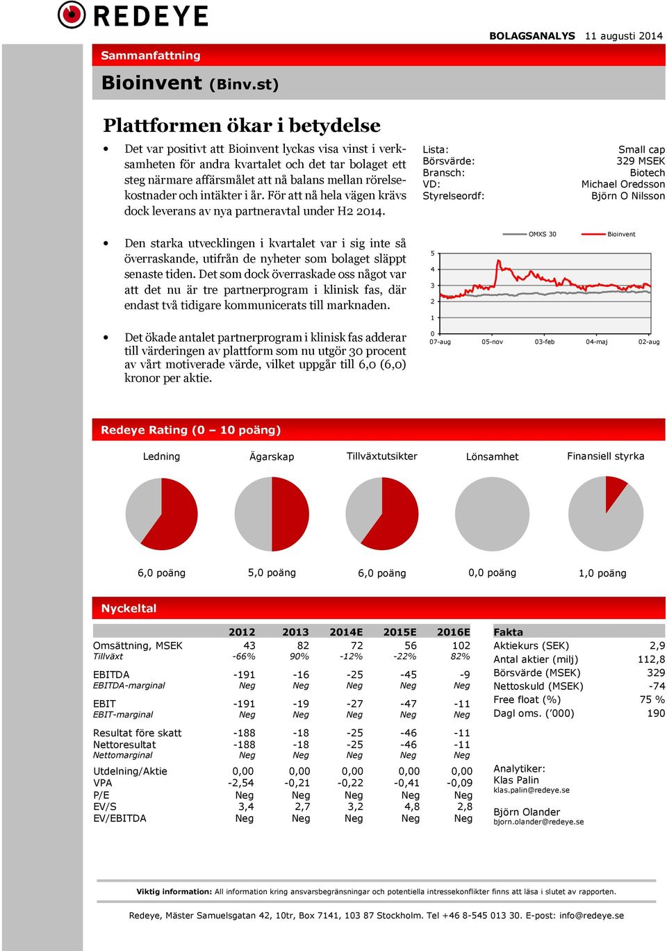 intäkter i år. För att nå hela vägen krävs dock leverans av nya partneravtal under H2 2014.
