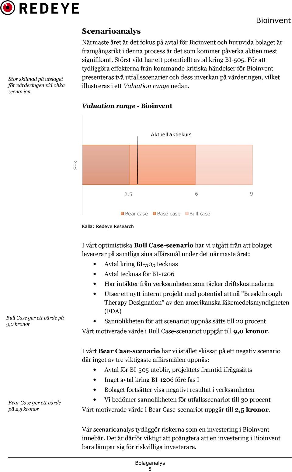 För att tydliggöra effekterna från kommande kritiska händelser för presenteras två utfallsscenarier och dess inverkan på värderingen, vilket illustreras i ett Valuation range nedan.