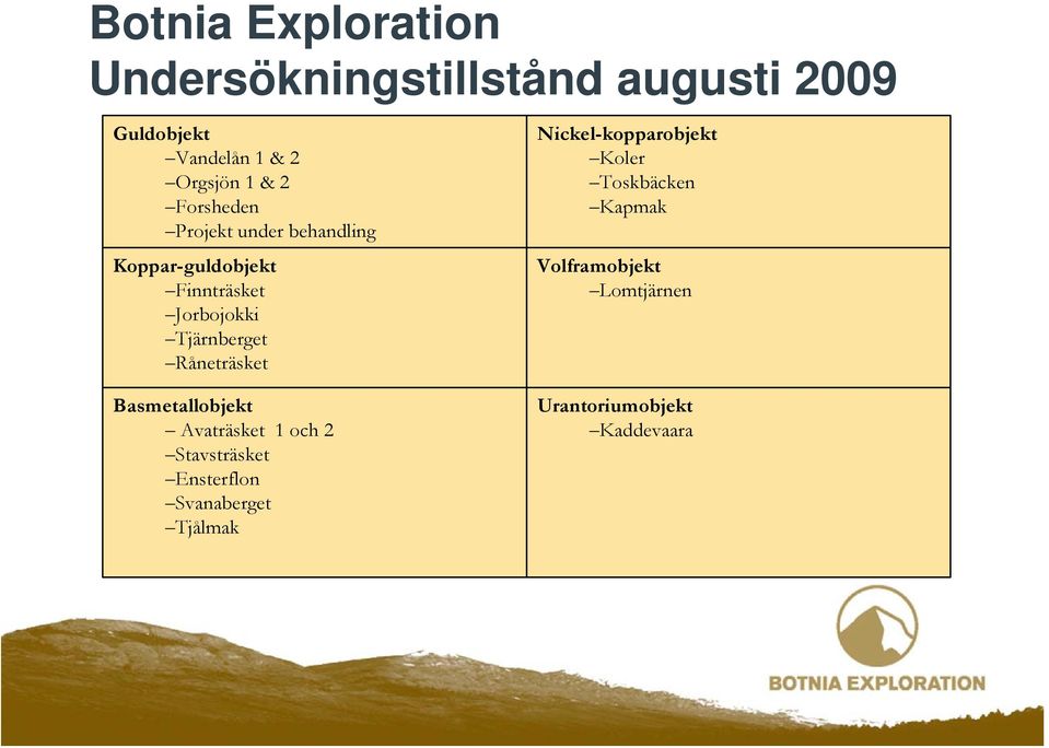 Råneträsket Basmetallobjekt Avaträsket 1 och 2 Stavsträsket Ensterflon Svanaberget Tjålmak