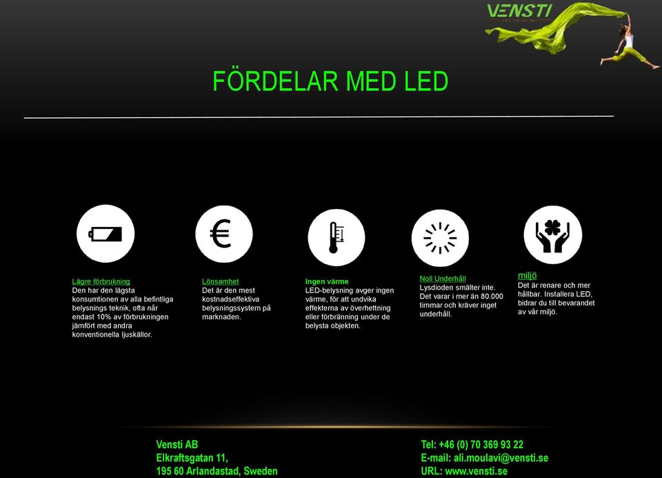 Ingen värme LED-belysning avger ingen värme, för att undvika effekterna av överhettning eller förbränning under de belysta objekten. Noll Underhåll Lysdioden smälter inte.