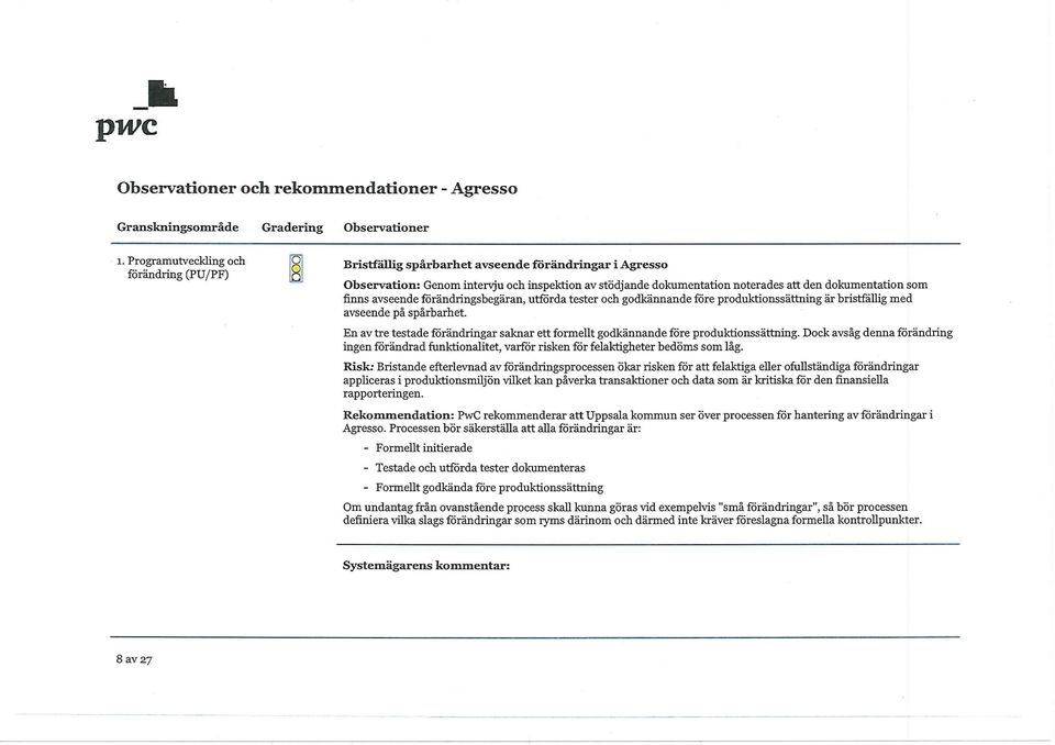 som finns avseende förändringsbegäran, utförda tester och godkännande före produktionssättning är bristfällig med avseende på spårbarhet.