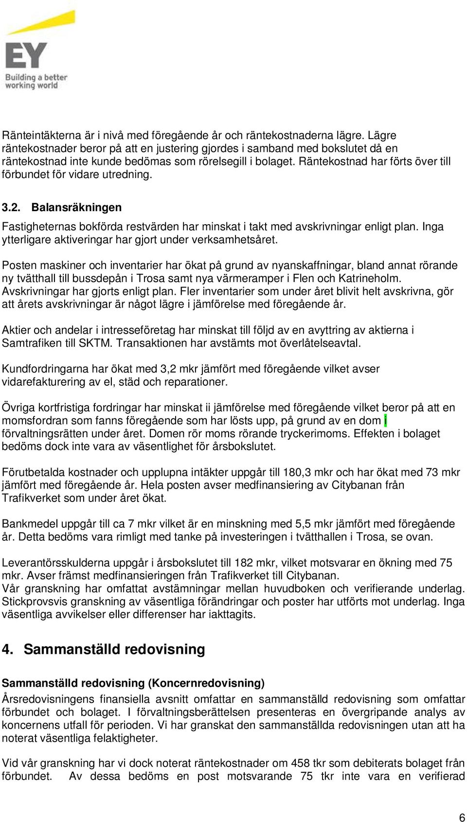 Räntekostnad har förts över till förbundet för vidare utredning. 3.2. Balansräkningen Fastigheternas bokförda restvärden har minskat i takt med avskrivningar enligt plan.