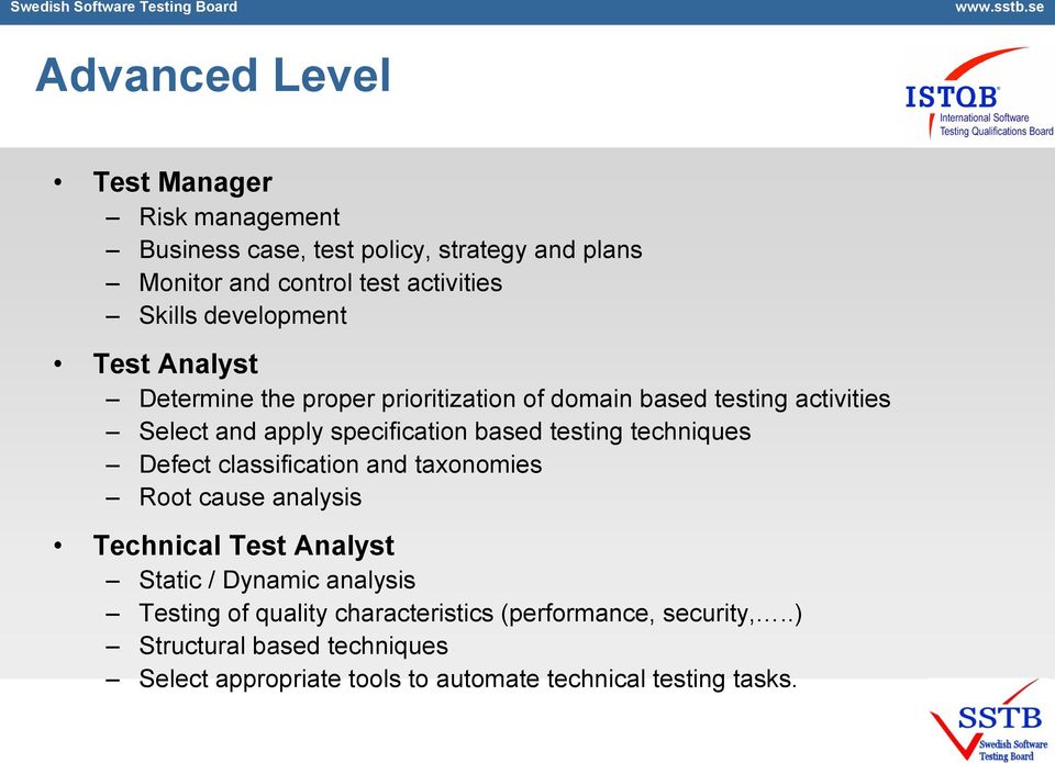testing techniques Defect classification and taxonomies Root cause analysis Technical Test Analyst Static / Dynamic analysis Testing of