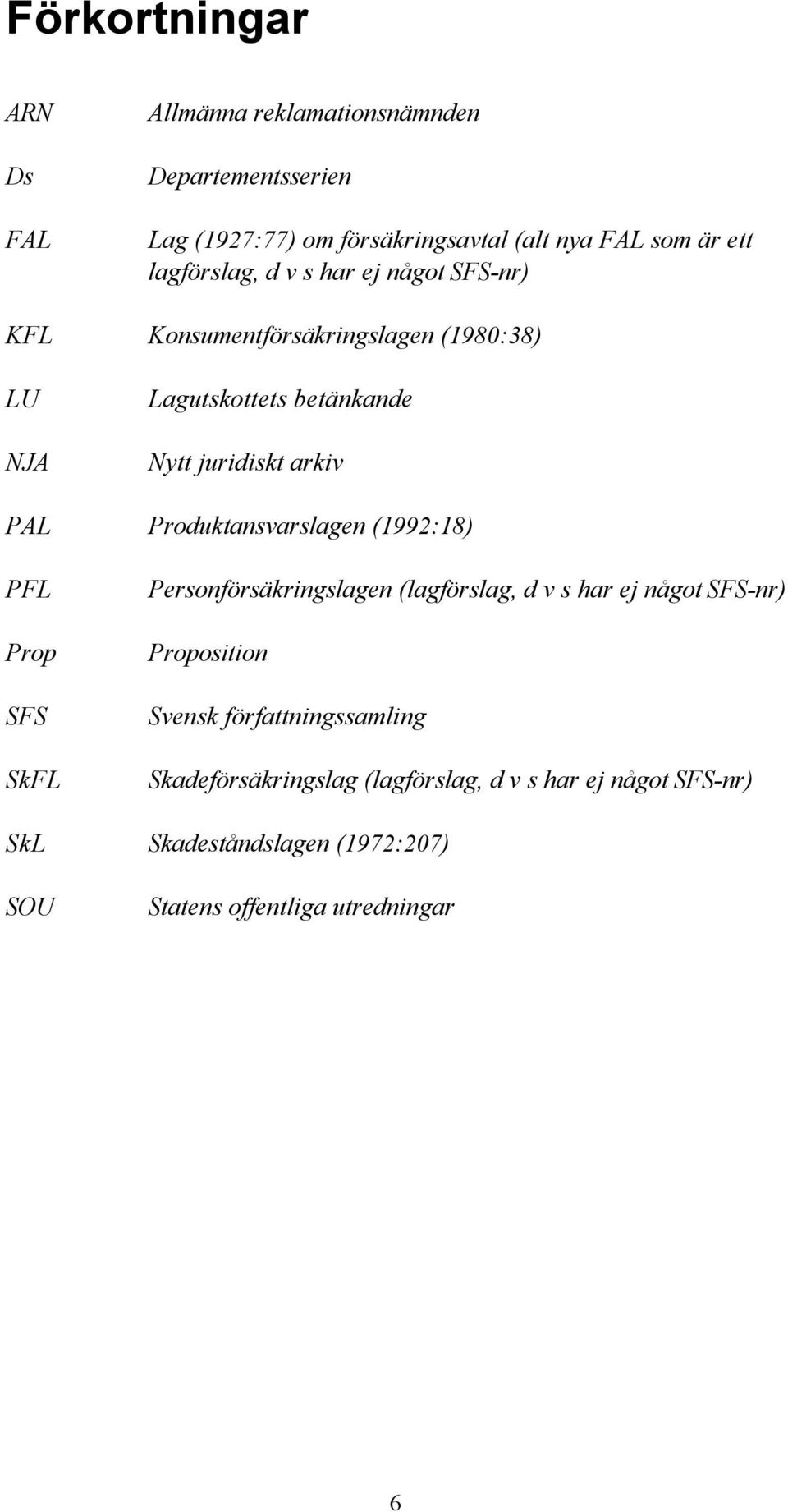 Produktansvarslagen (1992:18) PFL Prop SFS SkFL Personförsäkringslagen (lagförslag, d v s har ej något SFS-nr) Proposition Svensk
