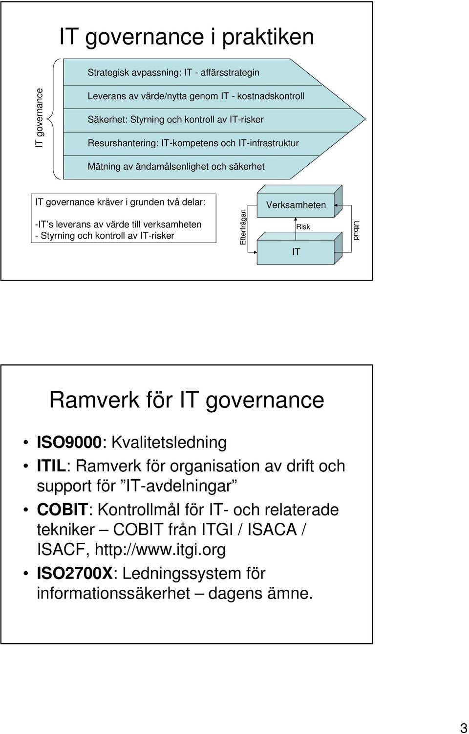 verksamheten - Styrning och kontroll av IT-risker Efterfrågan Risk Utbud IT Ramverk för IT governance ISO9000: Kvalitetsledning ITIL: Ramverk för organisation av drift och support