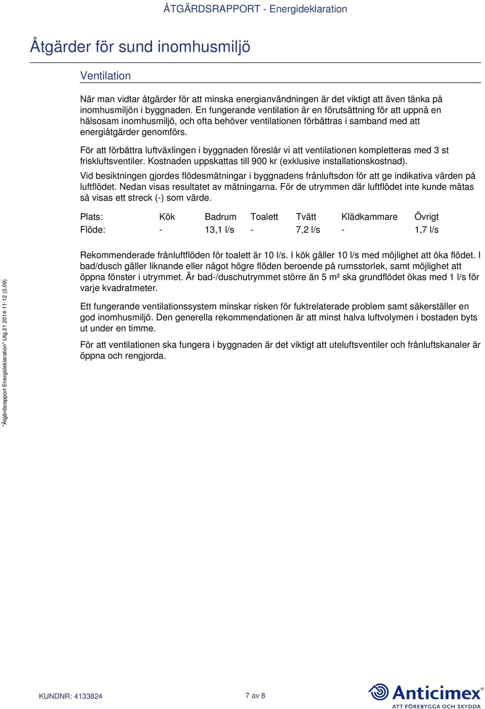 För att förbättra luftväxlingen i byggnaden föreslår vi att ventilationen kompletteras med 3 st friskluftsventiler. Kostnaden uppskattas till 900 kr (exklusive installationskostnad).