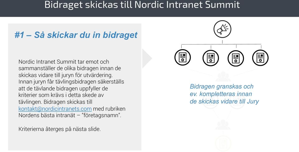 Innan juryn får tävlingsbidragen säkerställs att de tävlande bidragen uppfyller de kriterier som krävs i detta skede av tävlingen.