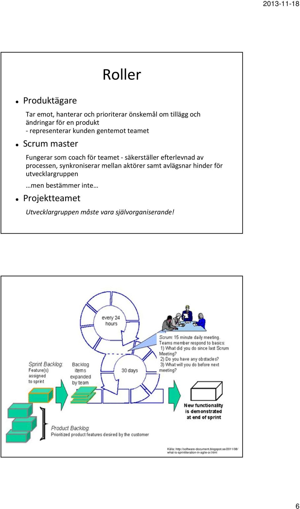 synkroniserar mellan aktörer samt avlägsnar hinder för utvecklargruppen men bestämmer inte Projektteamet