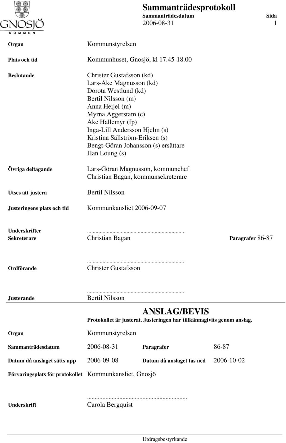 Sällström-Eriksen (s) Bengt-Göran Johansson (s) ersättare Han Loung (s) Lars-Göran Magnusson, kommunchef Christian Bagan, kommunsekreterare Justeringens plats och tid Kommunkansliet 2006-09-07
