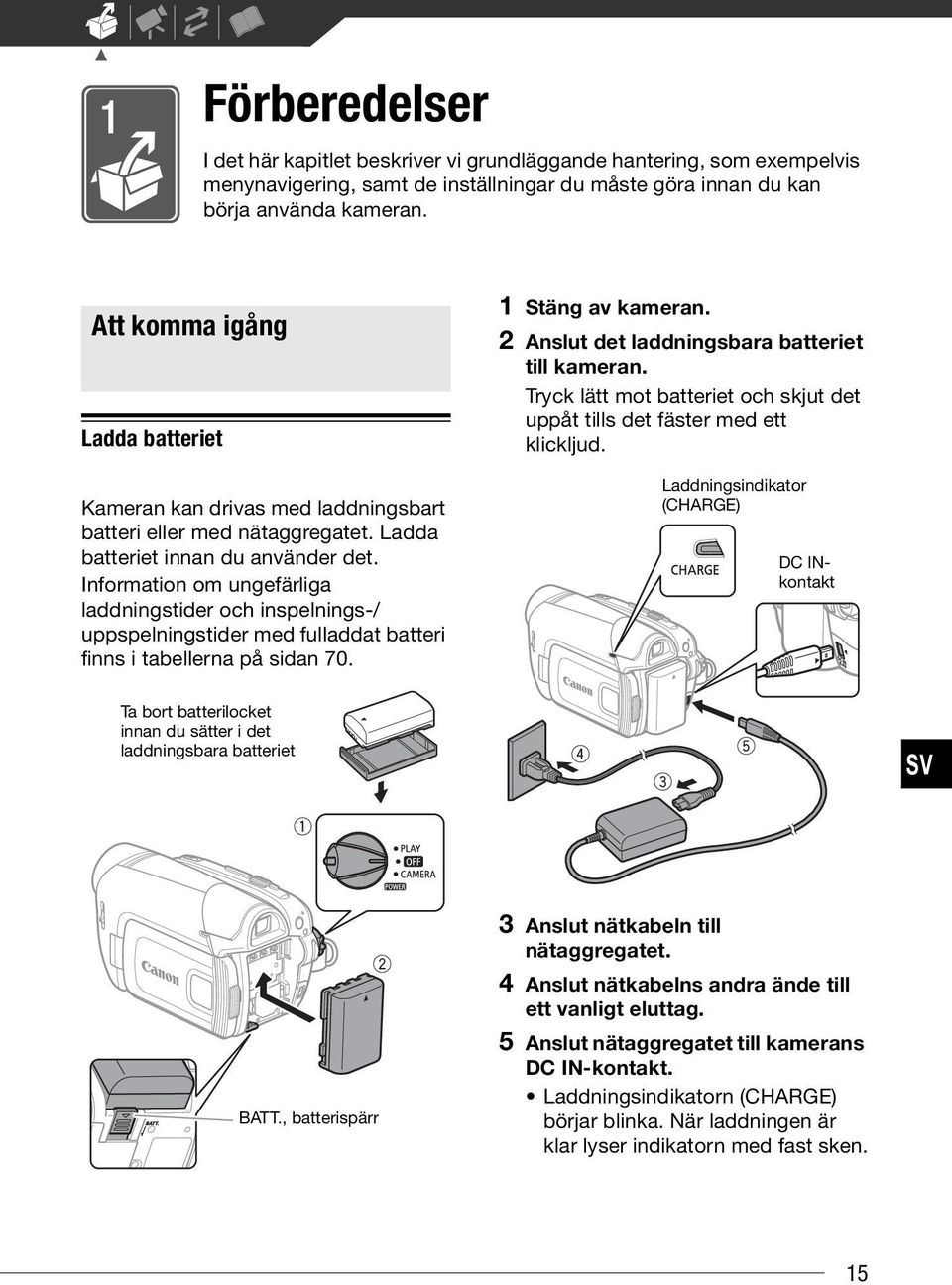 Information om ungefärliga laddningstider och inspelnings-/ uppspelningstider med fulladdat batteri finns i tabellerna på sidan 70. 1 Stäng av kameran.