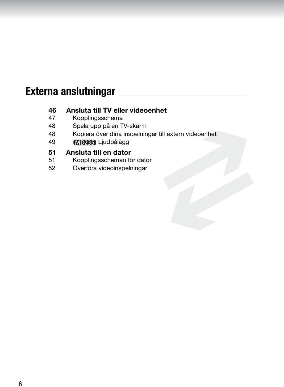 inspelningar till extern videoenhet 49 Ljudpålägg 51 Ansluta till