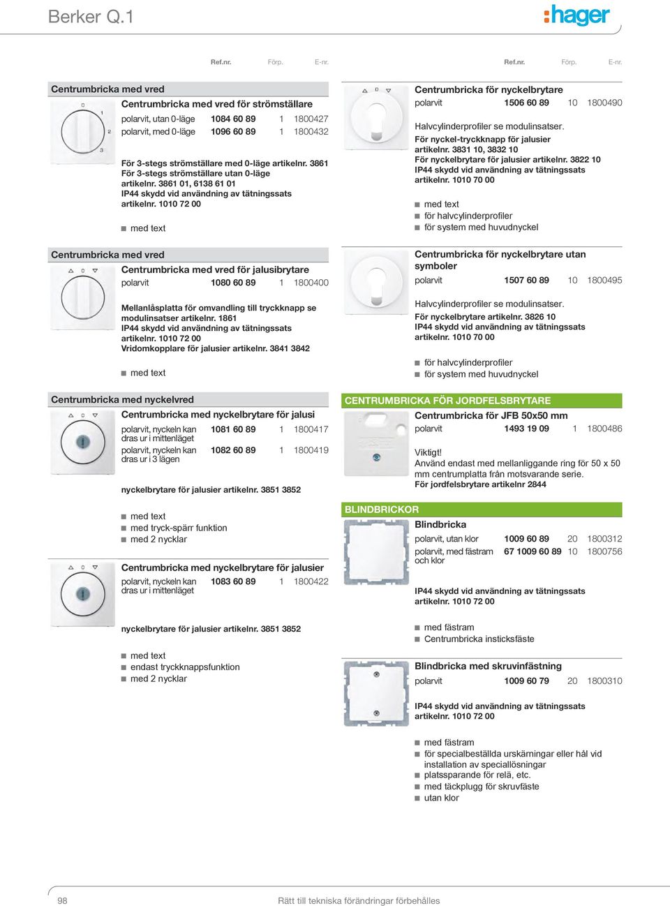 1010 72 00 med text Centrumbricka med vred Centrumbricka med vred för jalusibrytare polarvit 1080 60 89 1 1800400 Mellanlåsplatta för omvandling till tryckknapp se modulinsatser artikelnr.