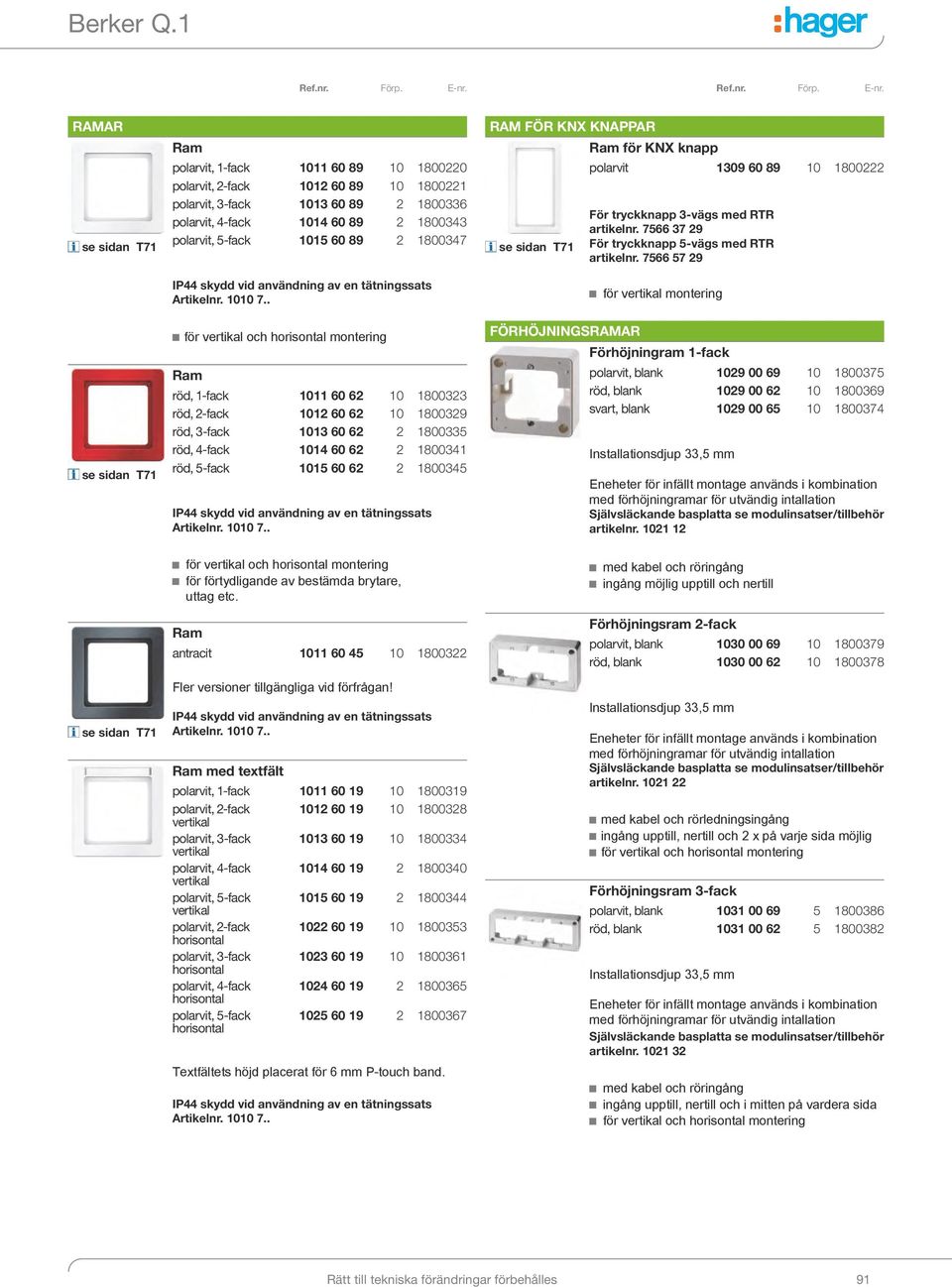 . för vertikal och horisontal montering Ram röd, 1-fack 1011 60 62 10 1800323 röd, 2-fack 1012 60 62 10 1800329 röd, 3-fack 1013 60 62 2 1800335 röd, 4-fack 1014 60 62 2 1800341 röd, 5-fack 1015 60