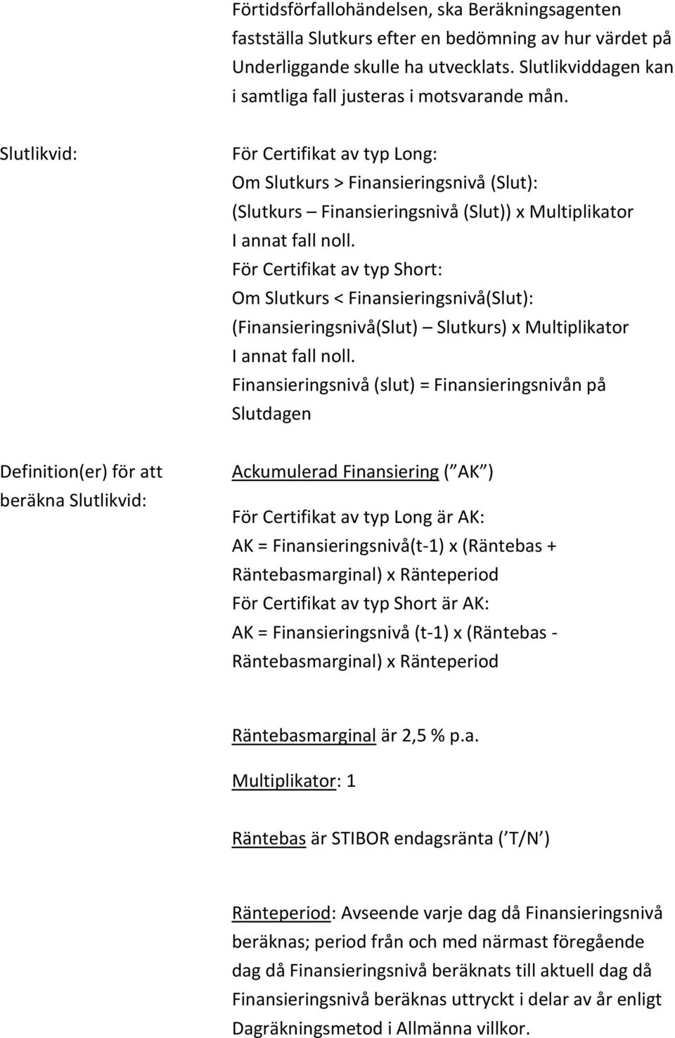 Slutlikvid: För Certifikat av typ Long: Om Slutkurs > Finansieringsnivå (Slut): (Slutkurs Finansieringsnivå (Slut)) x Multiplikator I annat fall noll.