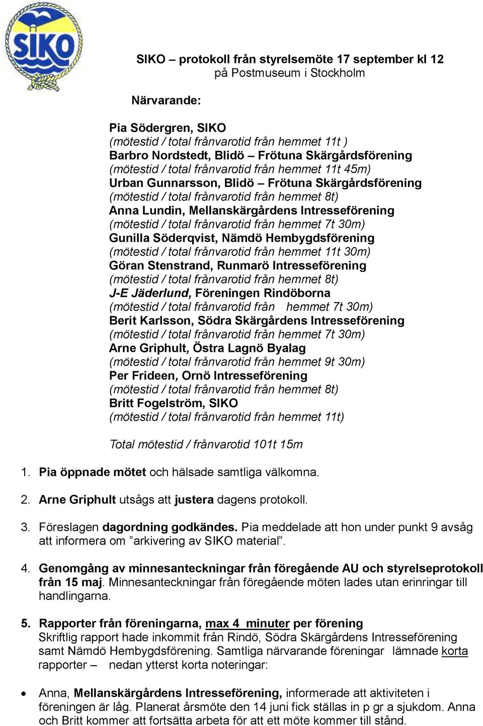 Hembygdsförening (mötestid / total frånvarotid från hemmet 11t 30m) Göran Stenstrand, Runmarö Intresseförening J-E Jäderlund, Föreningen Rindöborna Berit Karlsson, Södra Skärgårdens Intresseförening