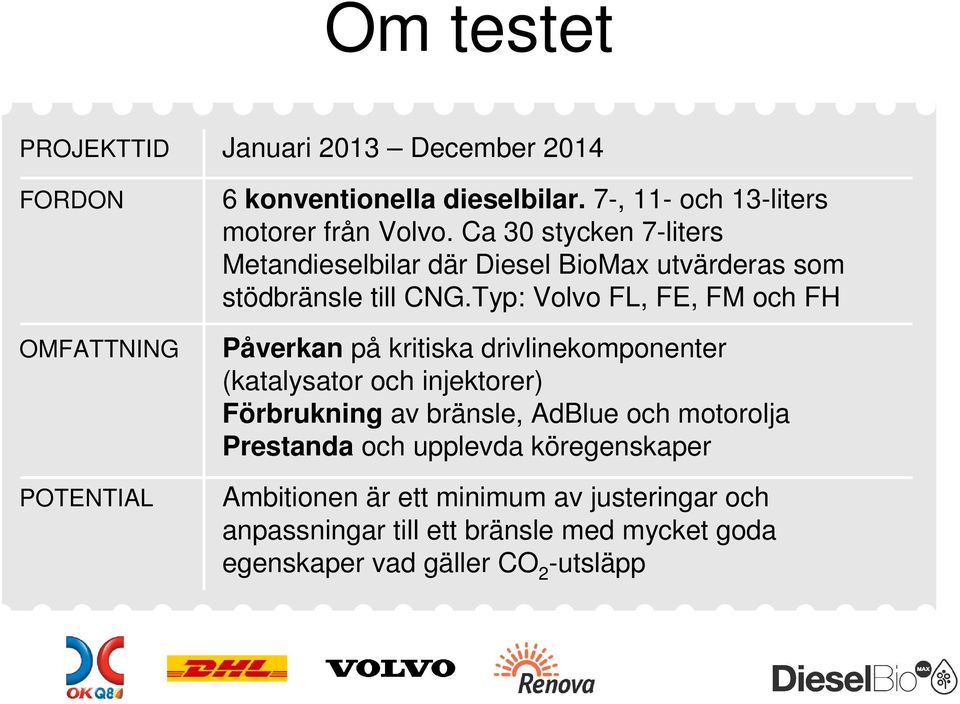 Typ: Volvo FL, FE, FM och FH Påverkan på kritiska drivlinekomponenter (katalysator och injektorer) Förbrukning av bränsle, AdBlue och