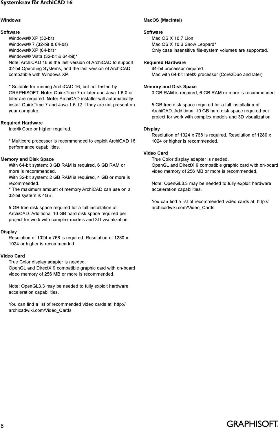 Note: ArchiCAD installer will automatically install QuickTime 7 and Java 1.6.12 if they are not present on your computer. Required Hardware Intel Core or higher required.