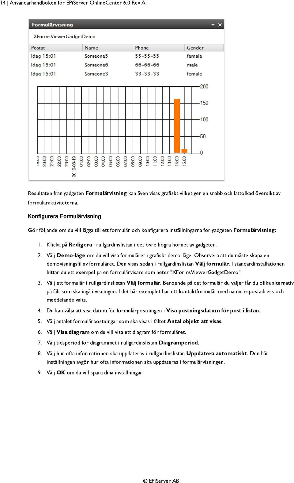 Klicka på Redigera i rullgardinslistan i det övre högra hörnet av gadgeten. 2. Välj Demo-läge om du vill visa formuläret i grafiskt demo-läge.