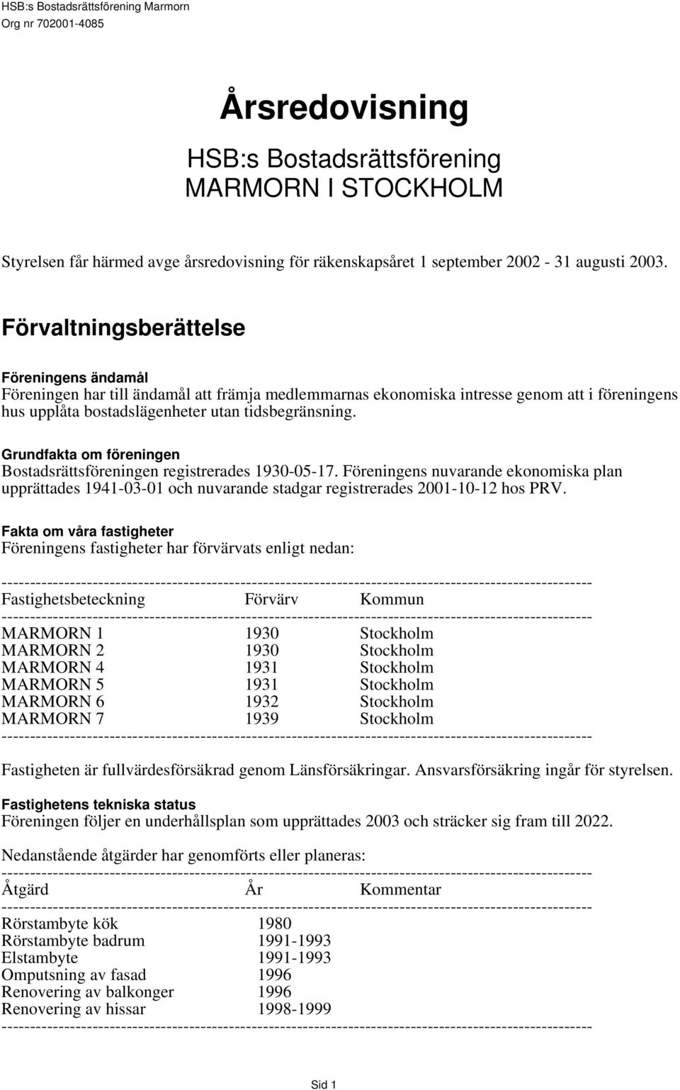 Grundfakta om föreningen Bostadsrättsföreningen registrerades 1930-05-17. Föreningens nuvarande ekonomiska plan upprättades 1941-03-01 och nuvarande stadgar registrerades 2001-10-12 hos PRV.