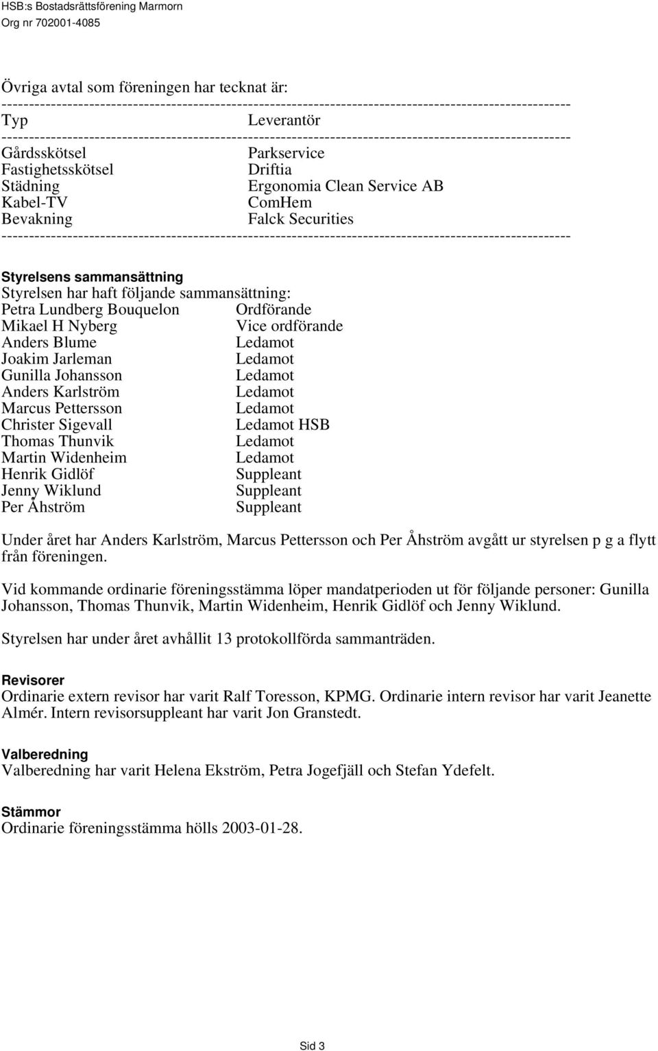 Anders Karlström Ledamot Marcus Pettersson Ledamot Christer Sigevall Ledamot HSB Thomas Thunvik Ledamot Martin Widenheim Ledamot Henrik Gidlöf Suppleant Jenny Wiklund Suppleant Per Åhström Suppleant