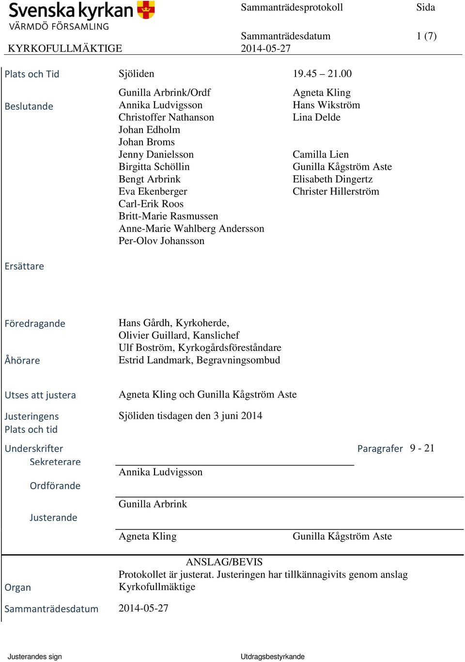 Britt-Marie Rasmussen Anne-Marie Wahlberg Andersson Per-Olov Johansson Agneta Kling Hans Wikström Lina Delde Camilla Lien Gunilla Kågström Aste Elisabeth Dingertz Christer Hillerström Föredragande