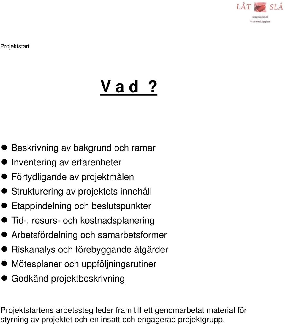 innehåll Etappindelning och beslutspunkter Tid-, resurs- och kostnadsplanering Arbetsfördelning och samarbetsformer