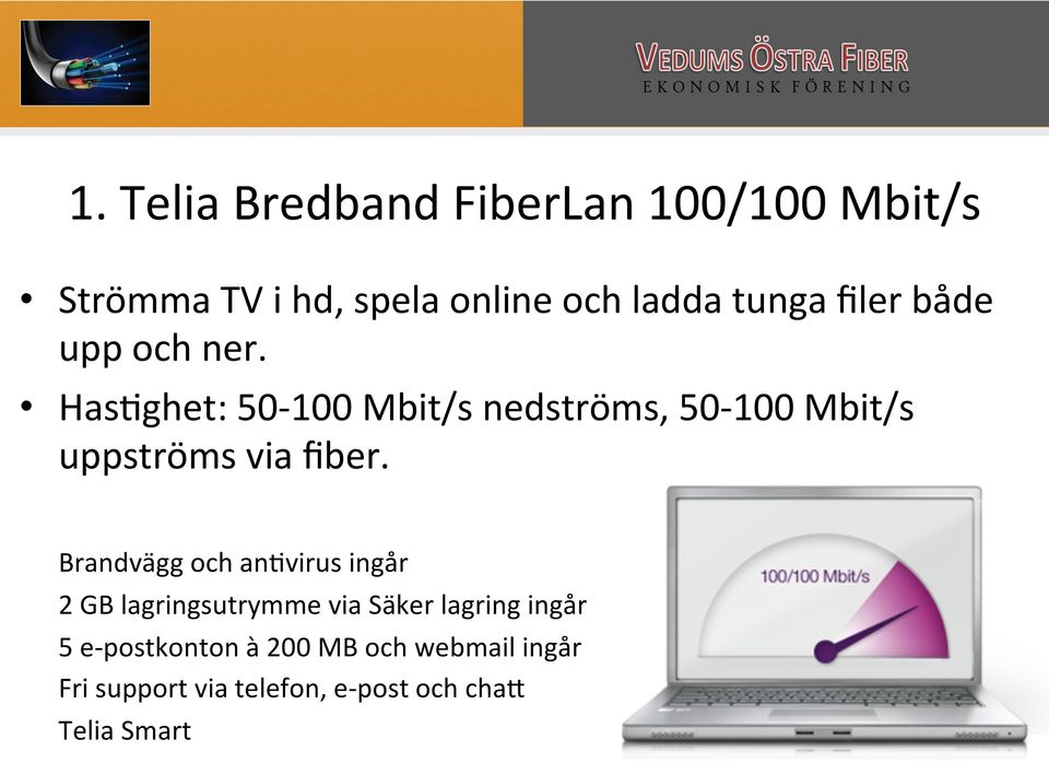 HasDghet: 50-100 Mbit/s nedströms, 50-100 Mbit/s uppströms via fiber.