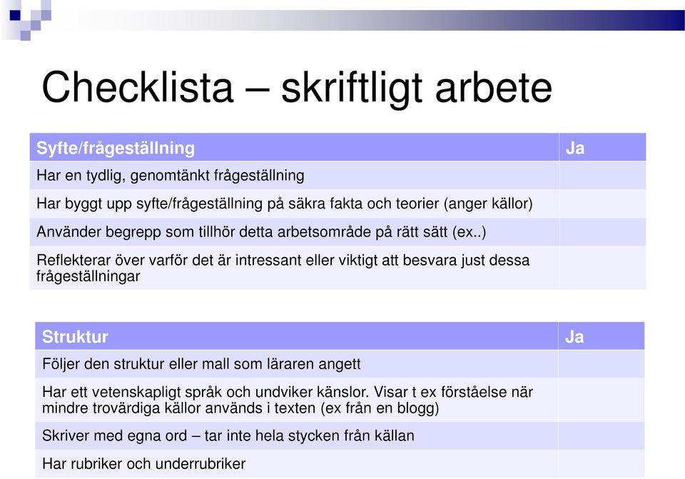 .) Reflekterar över varför det är intressant eller viktigt att besvara just dessa frågeställningar Struktur Följer den struktur eller mall som läraren