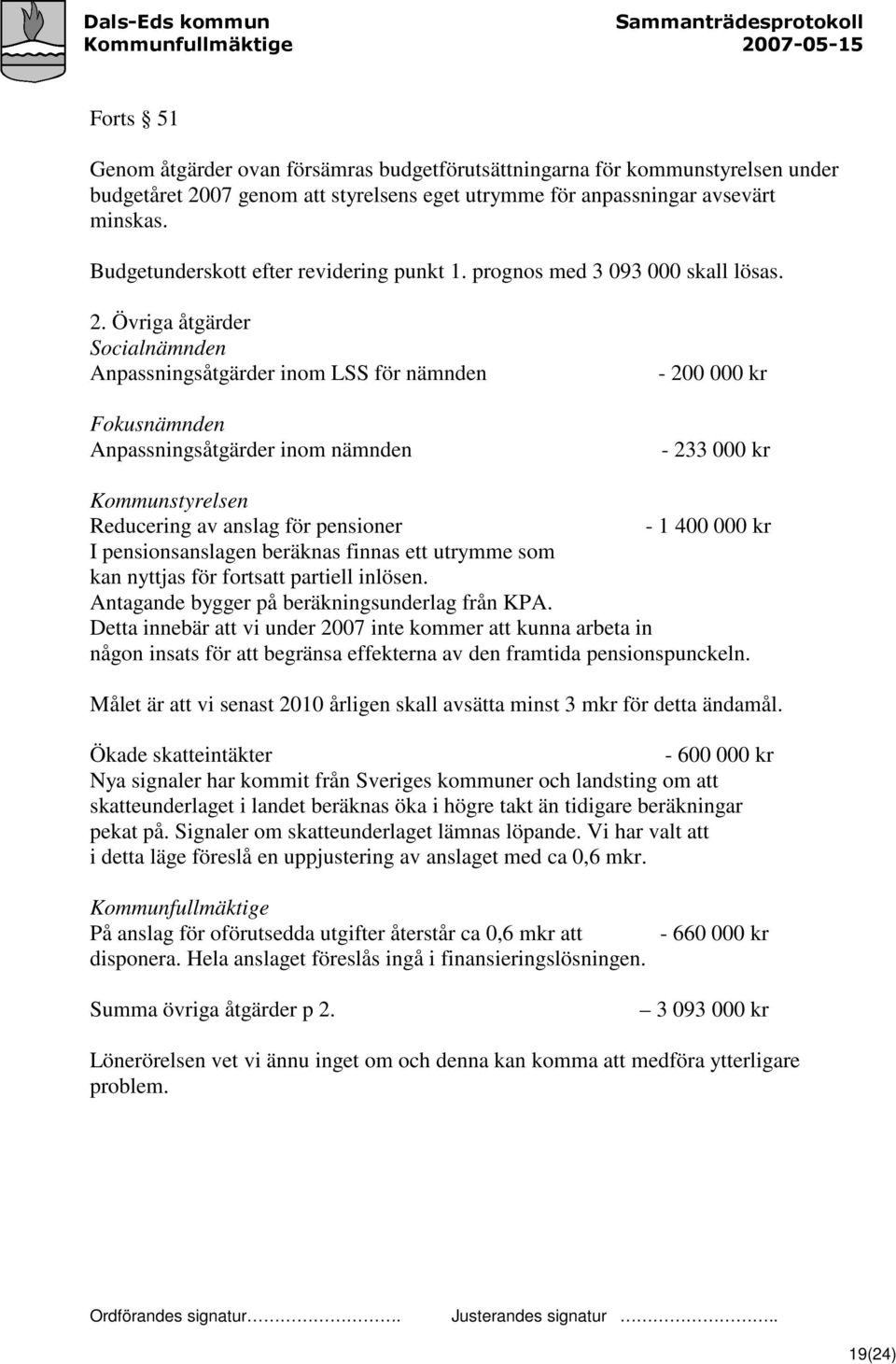 Övriga åtgärder Socialnämnden Anpassningsåtgärder inom LSS för nämnden Fokusnämnden Anpassningsåtgärder inom nämnden - 200 000 kr - 233 000 kr Kommunstyrelsen Reducering av anslag för pensioner - 1