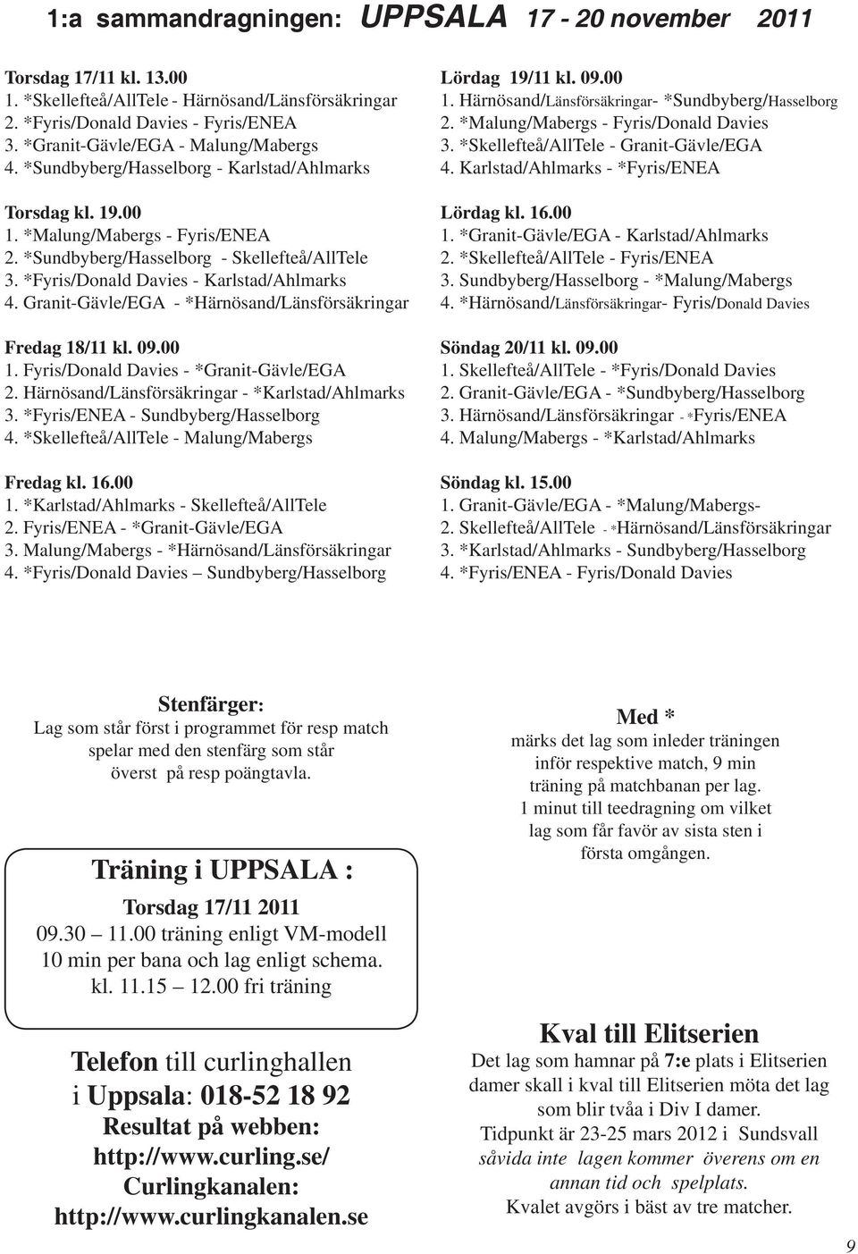 *Fyris/Donald Davies - Karlstad/Ahlmarks 4. Granit-Gävle/EGA - *Härnösand/Länsförsäkringar Fredag 18/11 kl. 09.00 1. Fyris/Donald Davies - *Granit-Gävle/EGA 2.