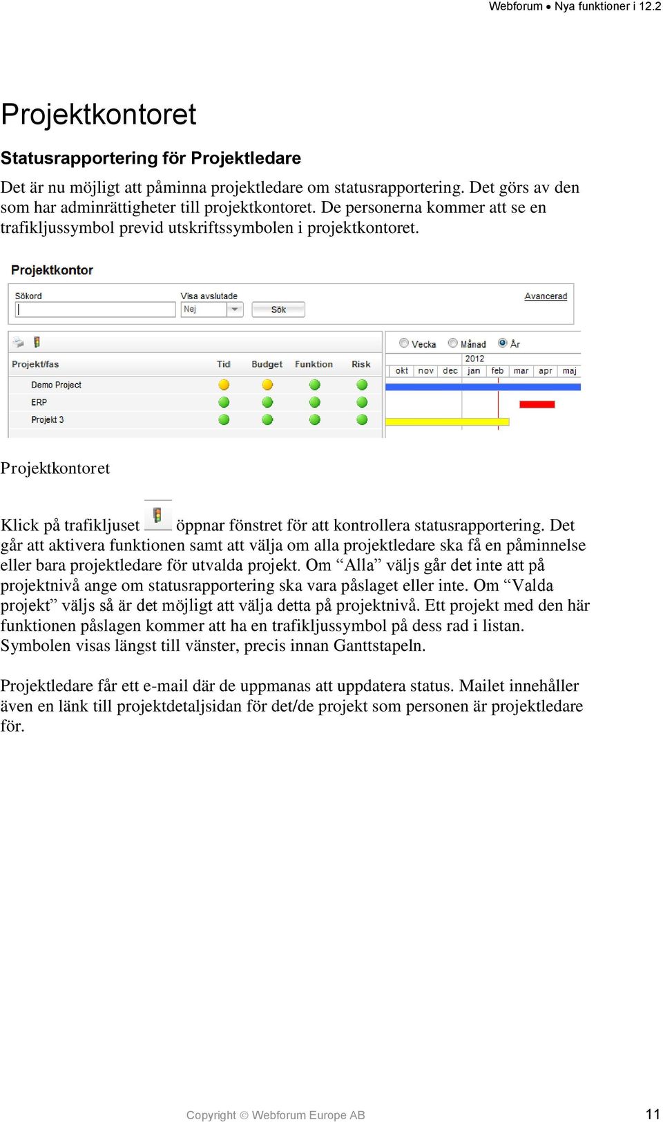 Det går att aktivera funktionen samt att välja om alla projektledare ska få en påminnelse eller bara projektledare för utvalda projekt.
