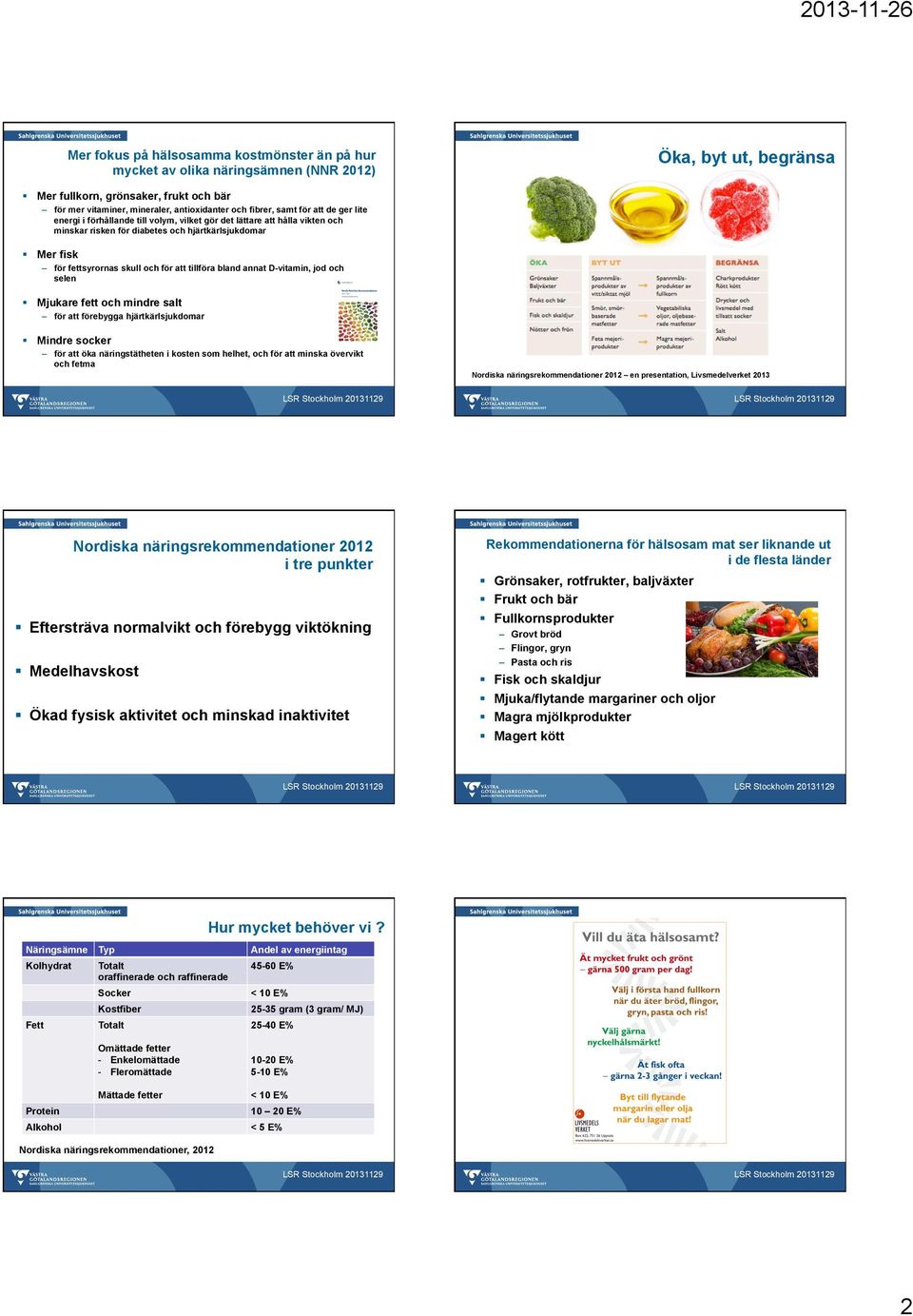 för att tillföra bland annat D-vitamin, jod och selen Mjukare fett och mindre salt för att förebygga hjärtkärlsjukdomar Mindre socker för att öka näringstätheten i kosten som helhet, och för att