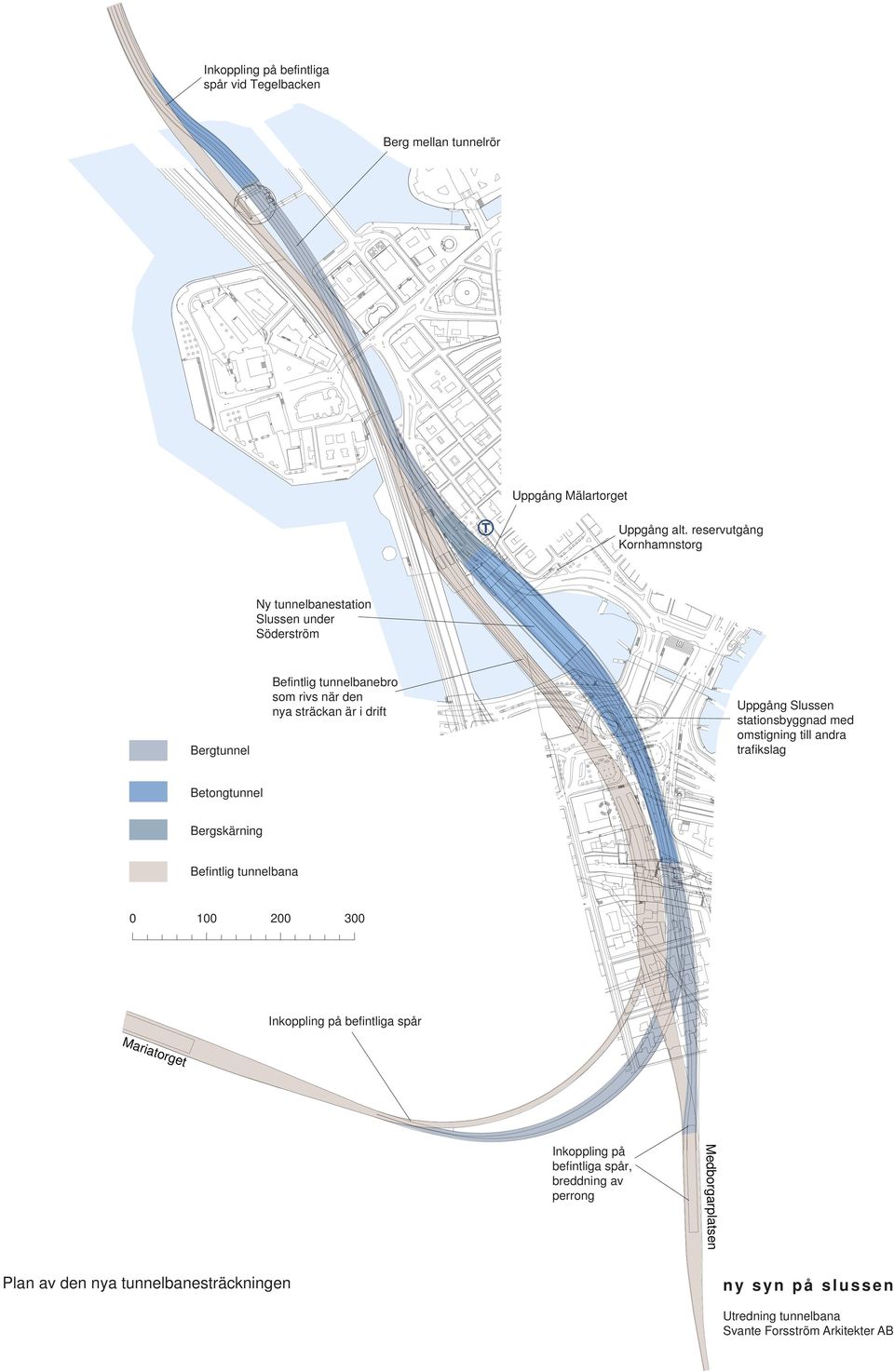 Uppgång Slussen stationsbyggnad med omstigning till andra trafikslag Betongtunnel Bergskärning Befintlig tunnelbana 0 100 200 300 Inkoppling på