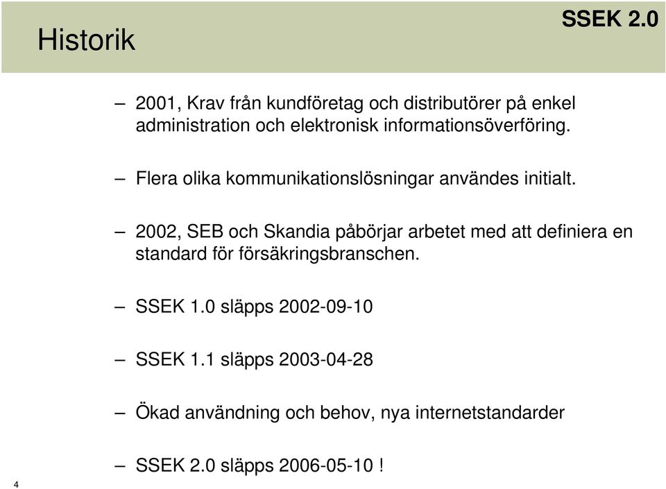 2002, SEB och Skandia påbörjar arbetet med att definiera en standard för försäkringsbranschen.