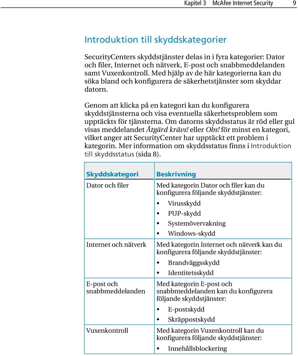 Genom att klicka på en kategori kan du konfigurera skyddstjänsterna och visa eventuella säkerhetsproblem som upptäckts för tjänsterna.