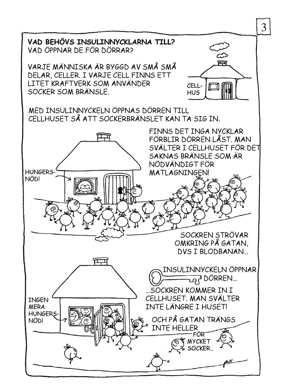 CELL- HUS MED INSULINNYCKELN ÖPPNAS DÖRREN TILL CELLHUSET SÅ ATT SOCKERBRÄNSLET KAN TA SIG IN. HUNGERS- NÖD! FINNS DET INGA NYCKLAR FÖRBLIR DÖRREN LÅST.