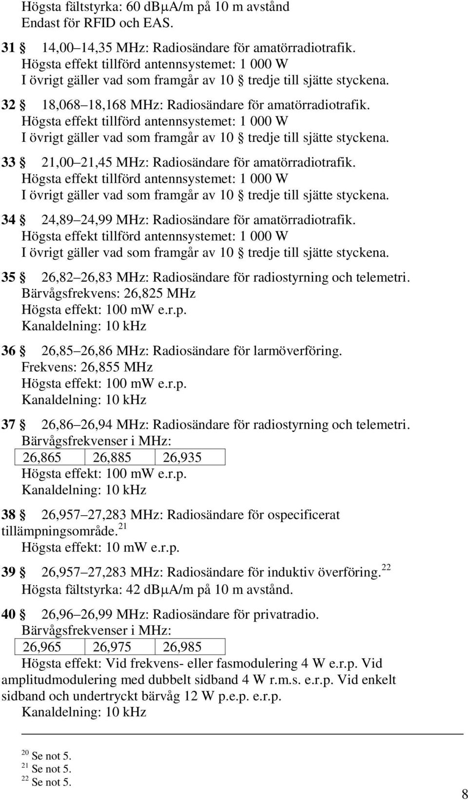 Högsta effekt tillförd antennsystemet: 1 000 W 33 21,00 21,45 MHz: Radiosändare för amatörradiotrafik.