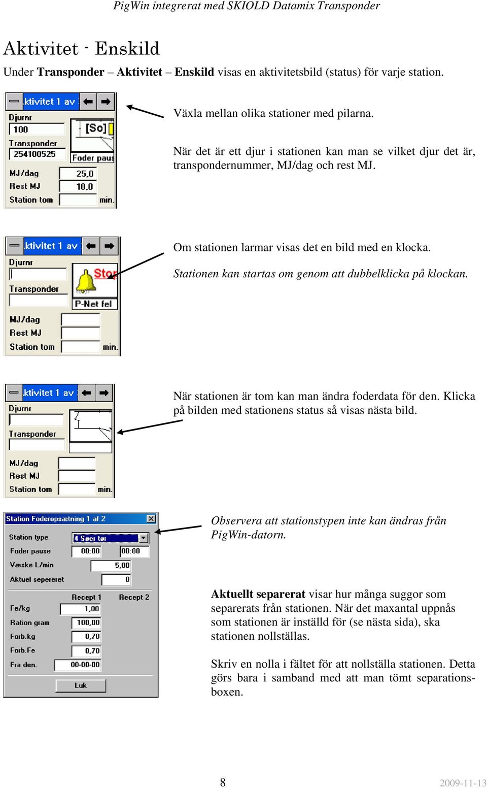 Stationen kan startas om genom att dubbelklicka på klockan. När stationen är tom kan man ändra foderdata för den. Klicka på bilden med stationens status så visas nästa bild.