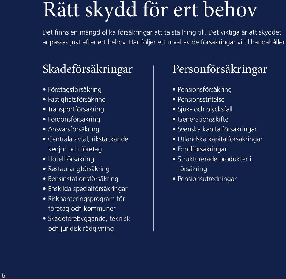 Skadeförsäkringar Företagsförsäkring Fastighetsförsäkring Transportförsäkring Fordonsförsäkring Ansvarsförsäkring Centrala avtal, rikstäckande kedjor och företag Hotellförsäkring