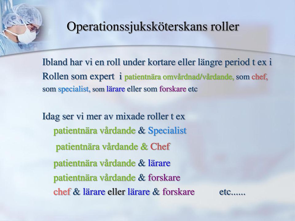 etc Idag ser vi mer av mixade roller t ex patientnära vårdande & Specialist patientnära vårdande & Chef