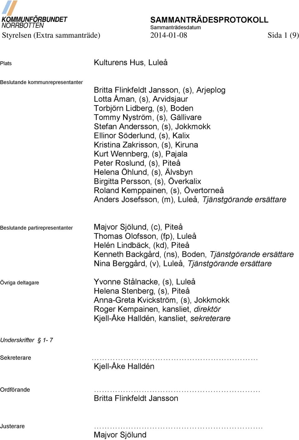 Öhlund, (s), Älvsbyn Birgitta Persson, (s), Överkalix Roland Kemppainen, (s), Övertorneå Anders Josefsson, (m), Luleå, Tjänstgörande ersättare Beslutande partirepresentanter Övriga deltagare Majvor