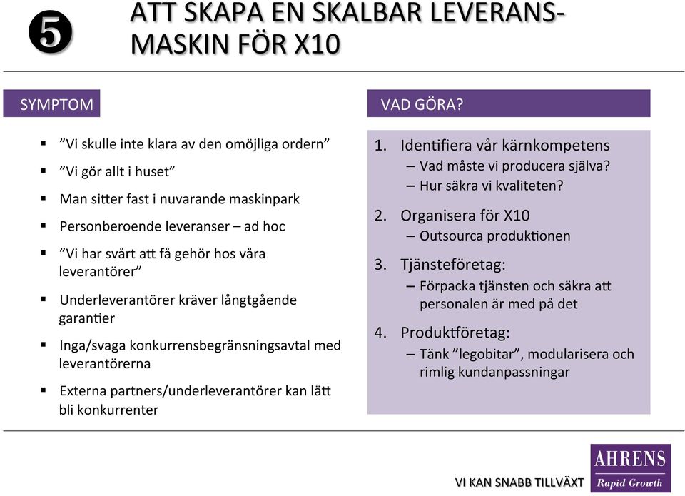 Externa partners/underleverantörer kan läa bli konkurrenter 1. Iden[fiera vår kärnkompetens Vad måste vi producera själva? Hur säkra vi kvaliteten? 2.