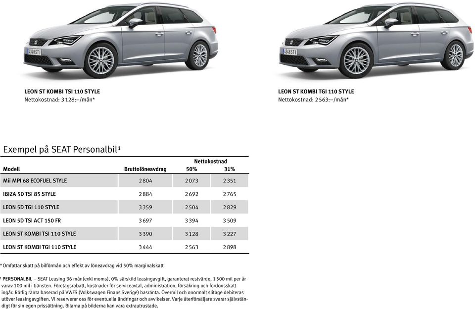 LEON ST KOMBI TGI 110 STYLE 3 444 2 563 2 898 * Omfattar skatt på bilförmån och effekt av löneavdrag vid 50% marginalskatt ¹ PERSONALBIL SEAT Leasing 36 mån(exkl moms), 0% särskild leasingavgift,