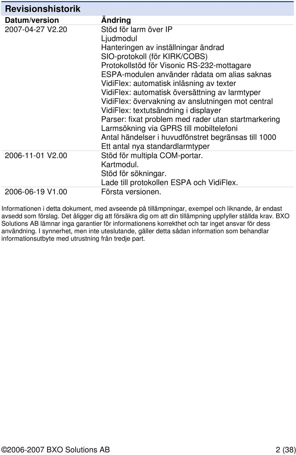 automatisk inläsning av texter VidiFlex: automatisk översättning av larmtyper VidiFlex: övervakning av anslutningen mot central VidiFlex: textutsändning i displayer Parser: fixat problem med rader