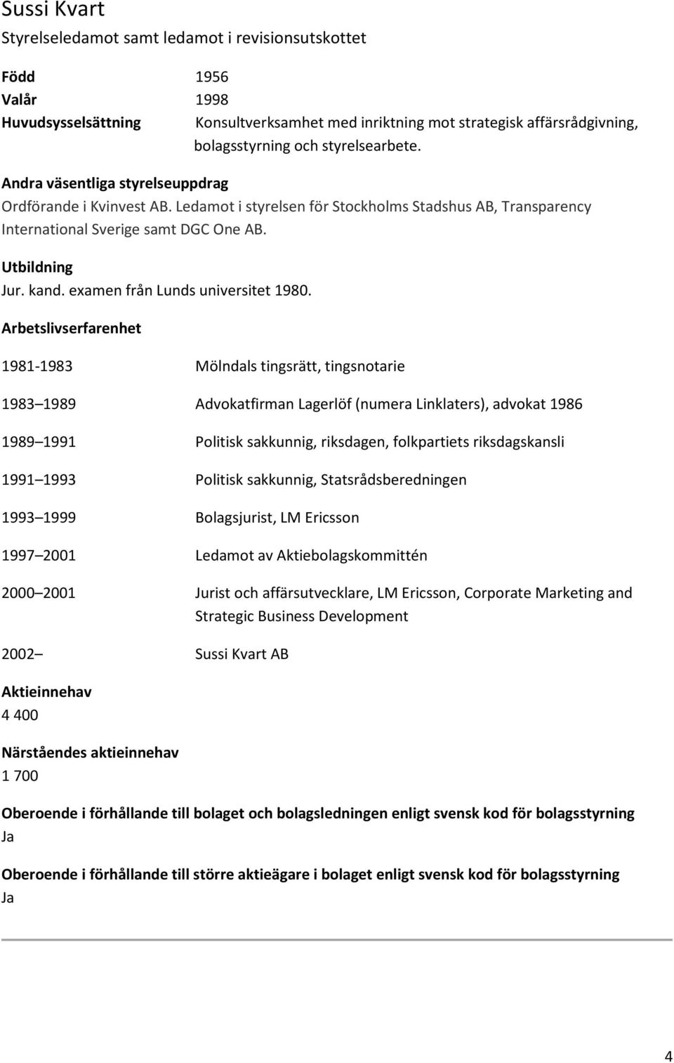 1981-1983 Mölndals tingsrätt, tingsnotarie 1983 1989 Advokatfirman Lagerlöf (numera Linklaters), advokat 1986 1989 1991 Politisk sakkunnig, riksdagen, folkpartiets riksdagskansli 1991 1993 Politisk